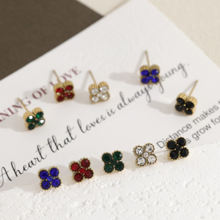 Boucles d'oreilles puces Clover en acier inoxydable doré et cristal pour femmes