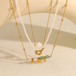 Colliers Pendentifs Romantiques Et Décontractés Pour Femmes, En Acier Inoxydable, Étanches, Couleur Or, Avec Perles De Pierre Naturelle Et Lettres. h5 Image2