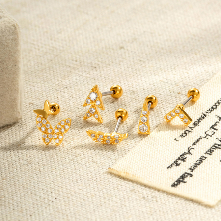 Boucles d'oreilles papillon simples en cuivre doré avec zircon pour piercing femme