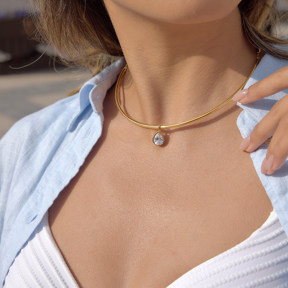 Colliers Pendentifs Pour Femmes En Acier Inoxydable, Étanches, Couleur Or, Avec Zircon Et Motif Goutte Simple h5Image5