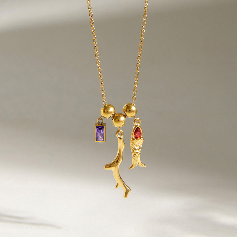 Colliers Pendentifs Pour Femmes En Acier Inoxydable, Couleur Or, Avec Zircon Et Motif Poisson De Vacances Image2