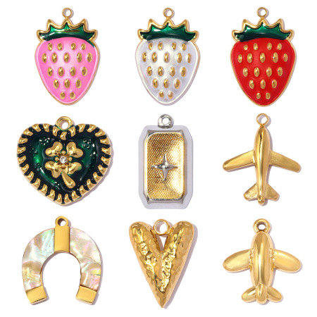 Pendentif romantique en forme de cœur, de fraise et de fer à cheval, en acier inoxydable étanche couleur or, à faire soi-même