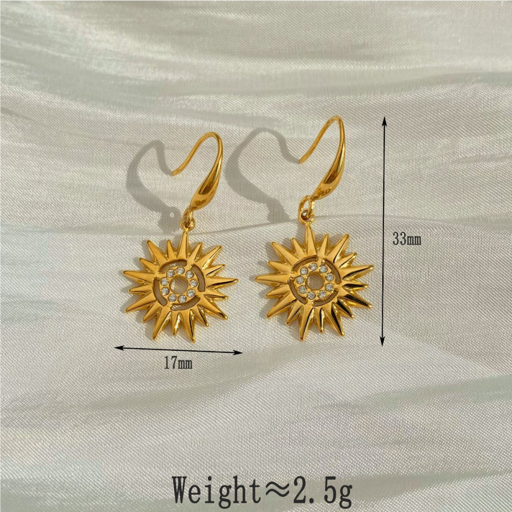 Boucles D'Oreilles Pendantes Pour Femme, Style Rétro Soleil, En Acier Inoxydable, Étanches, Couleur Or, Ornées De Strass. 
