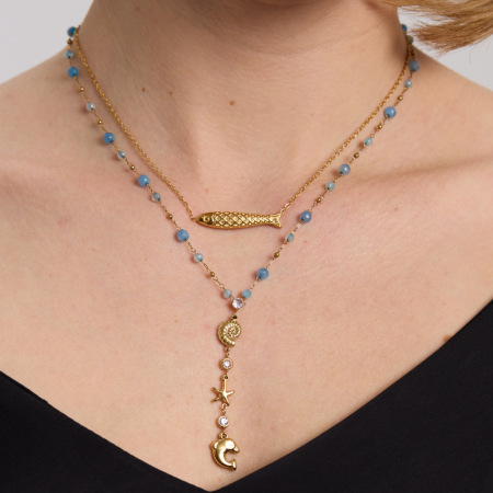 Colliers pendentifs pour femmes, luxueux, en acier inoxydable, ornés de zircon et de motifs de poissons, tortues et étoiles de mer, plaqués or 18 carats.