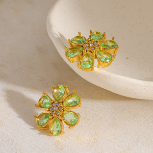 Boucles D'Oreilles Puces Pour Femmes, Luxueuses Et Élégantes, En Acier Inoxydable, Étanches, Couleur Or, Ornées De Zircon Et D'Un Motif Floral. h5 Image3