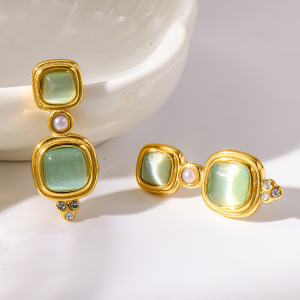 Boucles D'Oreilles Puces Élégantes Et Luxueuses Pour Femmes, De Forme Rectangulaire, En Acier Inoxydable Étanche, Couleur Or, Ornées De Zircon. h5 Image2