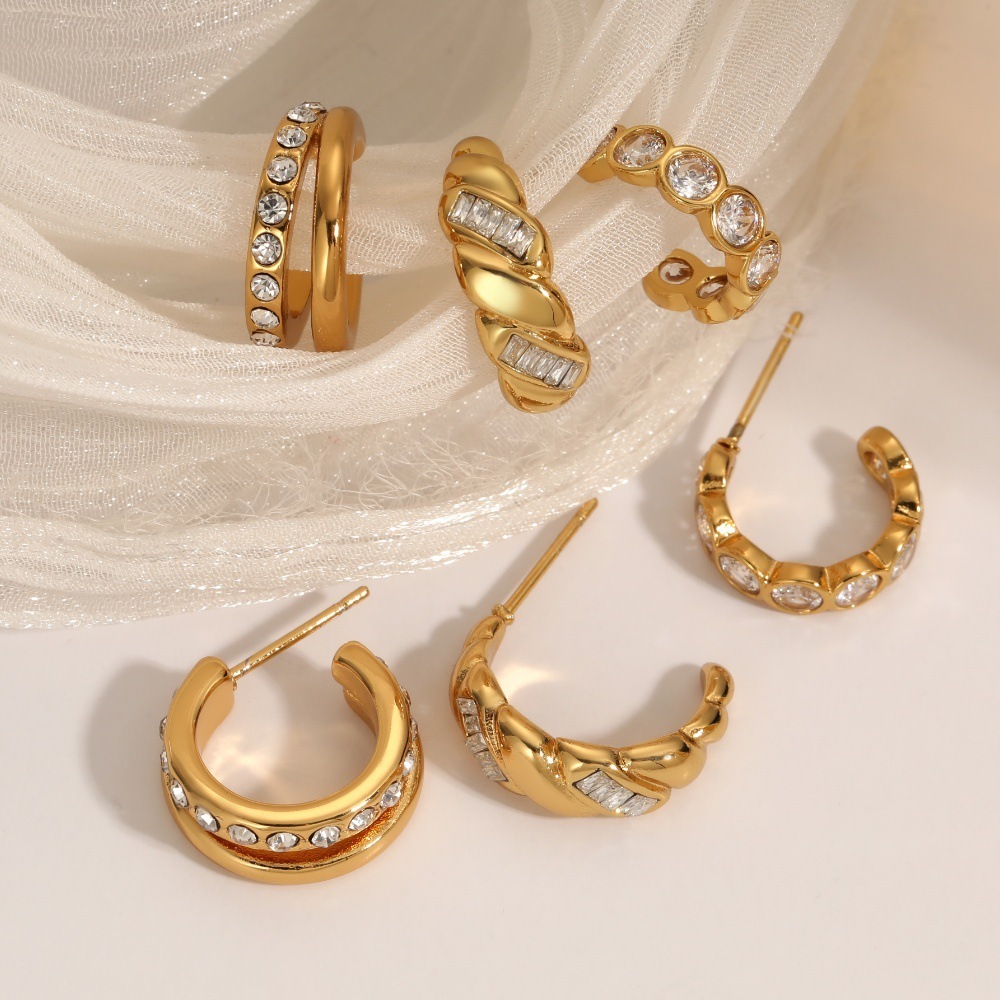Boucles D'Oreilles Puces Daily Circle En Acier Inoxydable Étanche, Couleur Or, Avec Strass. Image2