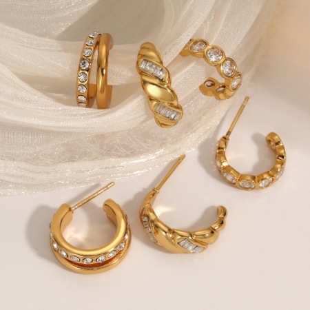 Boucles d'oreilles puces Daily Circle en acier inoxydable étanche, couleur or, avec strass. 2