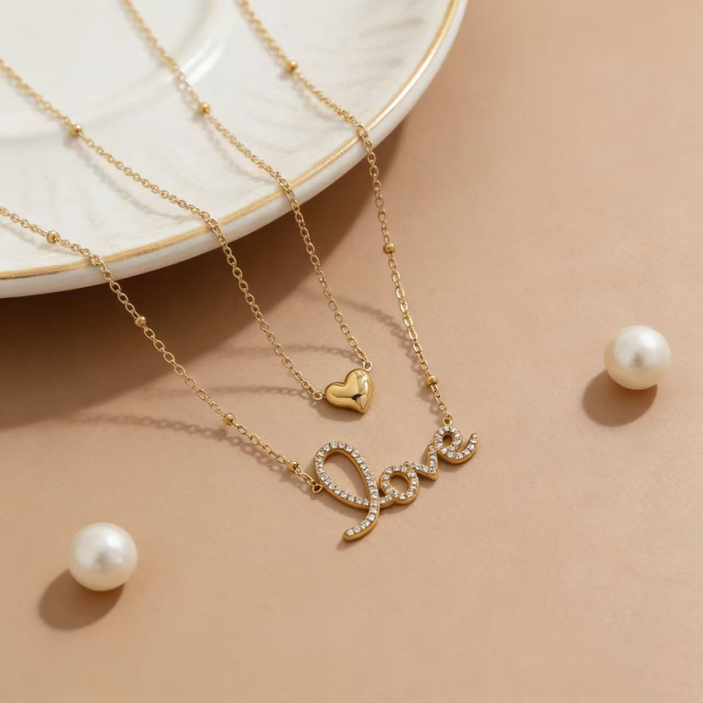 Colliers Superposés Pour Femmes, En Acier Inoxydable, Imperméables, Couleur Or, Avec Strass Et Lettre En Forme De Cœur. h5Image2