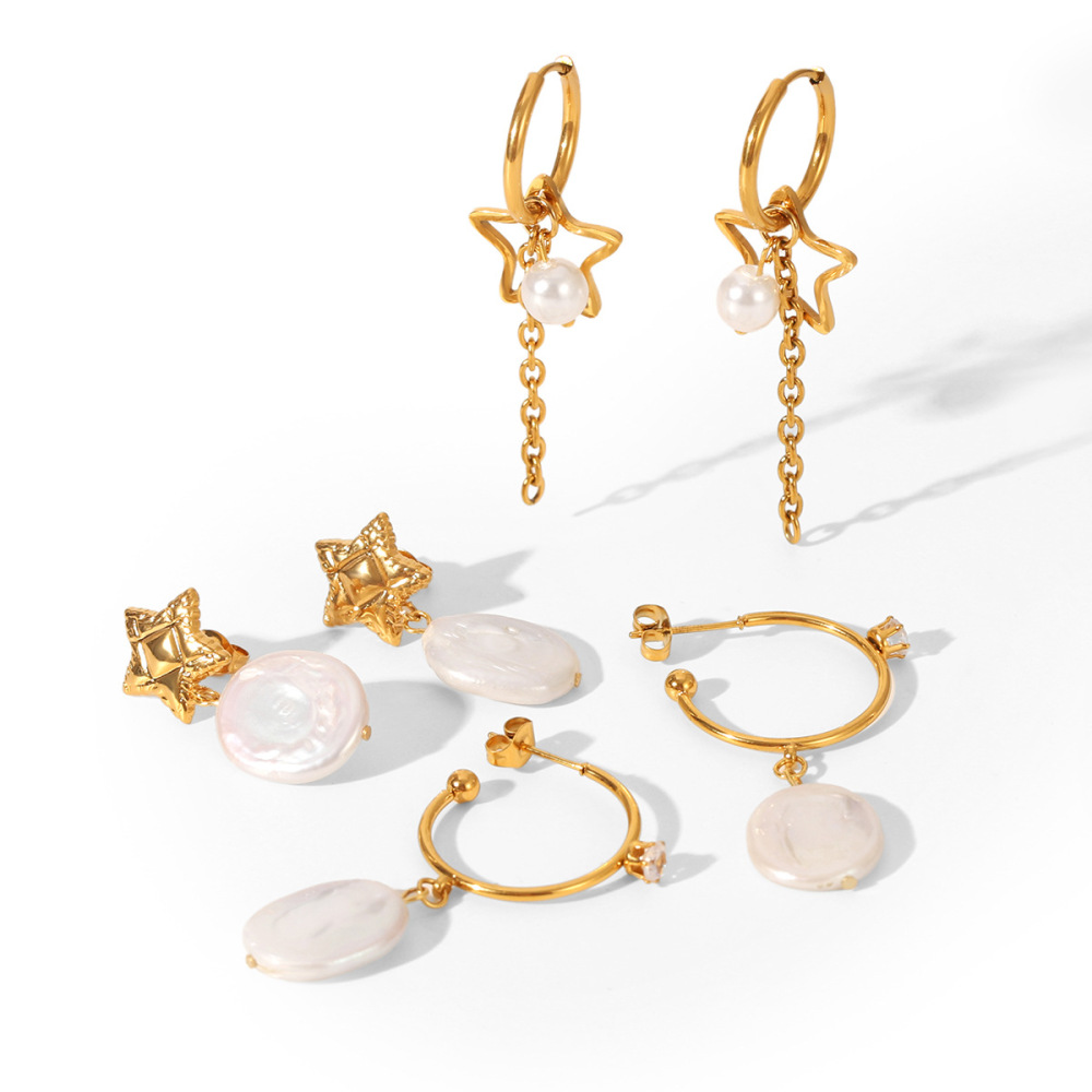 Boucles D'Oreilles Pendantes Daily Tassel Star En Acier Inoxydable, Imperméables, Couleur Or, Avec Perles, Pour Femmes Image6