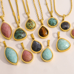 Pendentifs Pour Femmes En Forme De Goutte, En Acier Inoxydable Étanche, Couleur Or, Avec Pierre Naturelle h5 Image4