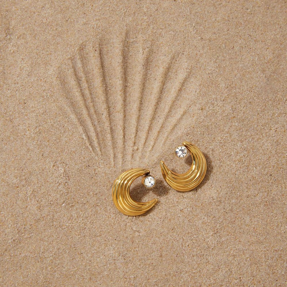 Boucles D'Oreilles Puces Pour Femmes, En Acier Inoxydable, Couleur Or, Avec Zircon, Style Simple Lune Image3