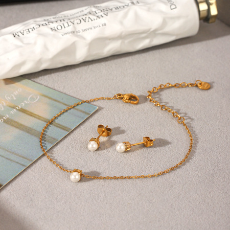 Ensemble De Bracelets Daily Chain En Acier Inoxydable Étanche Couleur Or Et Perles 2