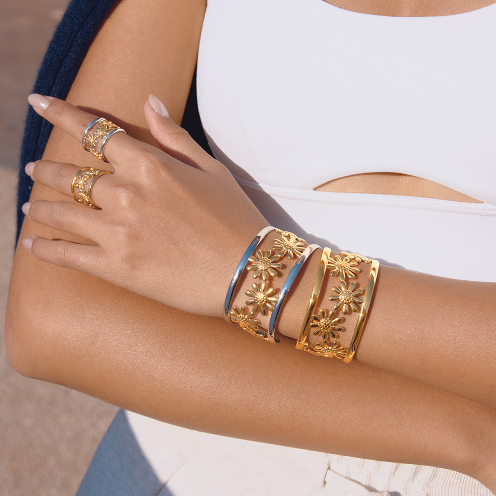 Ensembles De Bracelets Pour Femmes En Acier Inoxydable Doré, Ornés De Fleurs Romantiques Et Multicolores. Image2