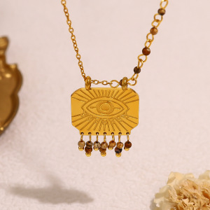 Colliers Pendentifs Rétro Œil De Diable Pour Femmes, En Acier Inoxydable Étanche Couleur Or Et Pierre Naturelle h5 Image2