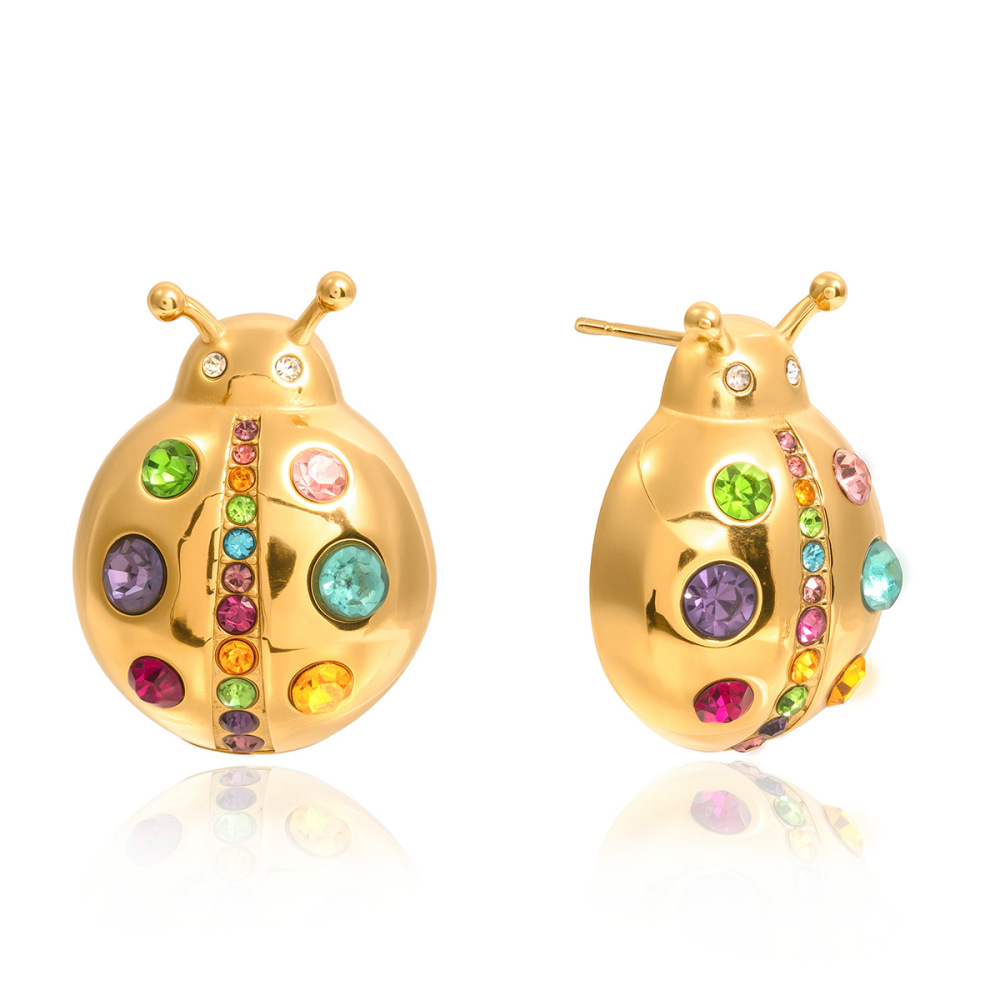 Boucles D'Oreilles Puces Pour Femmes, En Acier Inoxydable Doré, Imperméables, En Forme D'Insectes Mignons, Ornées De Strass. Image5