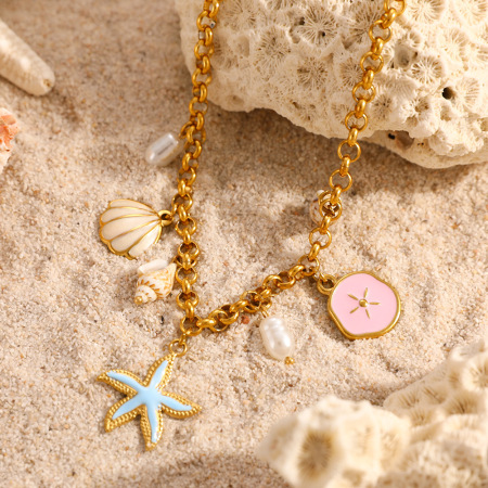 Colliers basiques pour femmes, motif tortue et étoile de mer, en acier inoxydable, couleur or, étanches. 2