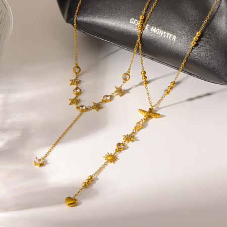 Collier pendentif femme luxueux et élégant en acier inoxydable, couleur or, avec zircon et chaîne étoile.