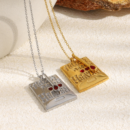 Colliers pendentifs rétro rectangulaires en acier inoxydable, couleur or, avec strass, pour femmes