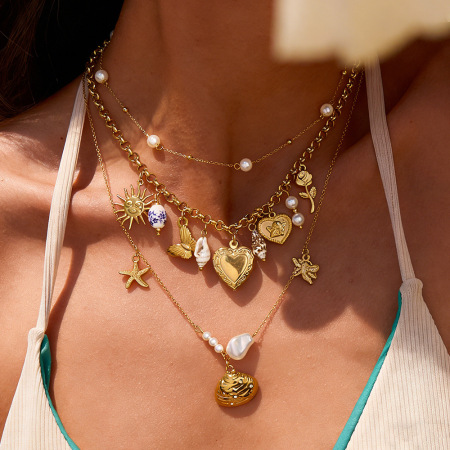 Colliers pendentifs femme en acier inoxydable couleur or, motif cœur de vacances