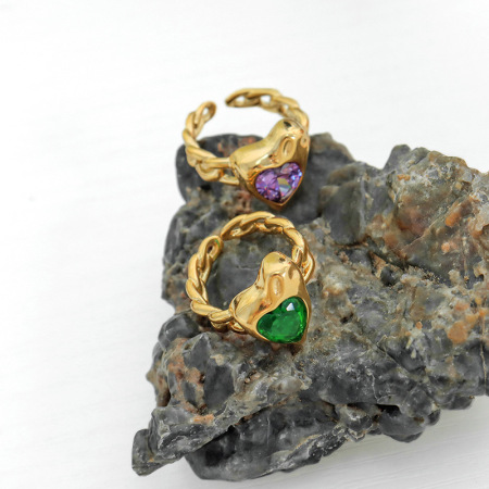 Bagues pour femmes en acier inoxydable rétro en forme de cœur, étanches, couleur or, avec zircon et verre. 2