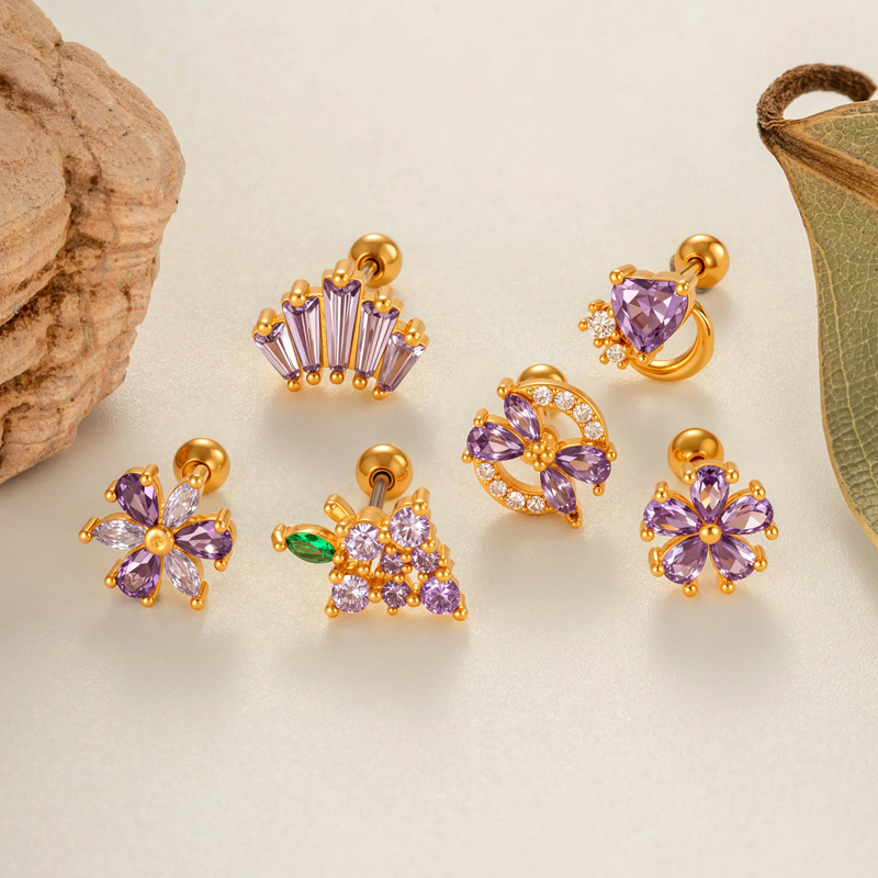 Boucles D'Oreilles Piercing Femme, Motif Fleur, Cœur Et Fruit, Couleur Cuivre Doré Et Zircon. h5Image4