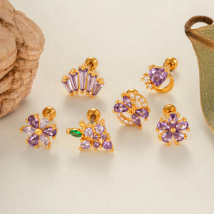 Boucles D'Oreilles Piercing Femme, Motif Fleur, Cœur Et Fruit, Couleur Cuivre Doré Et Zircon. h5 Image4