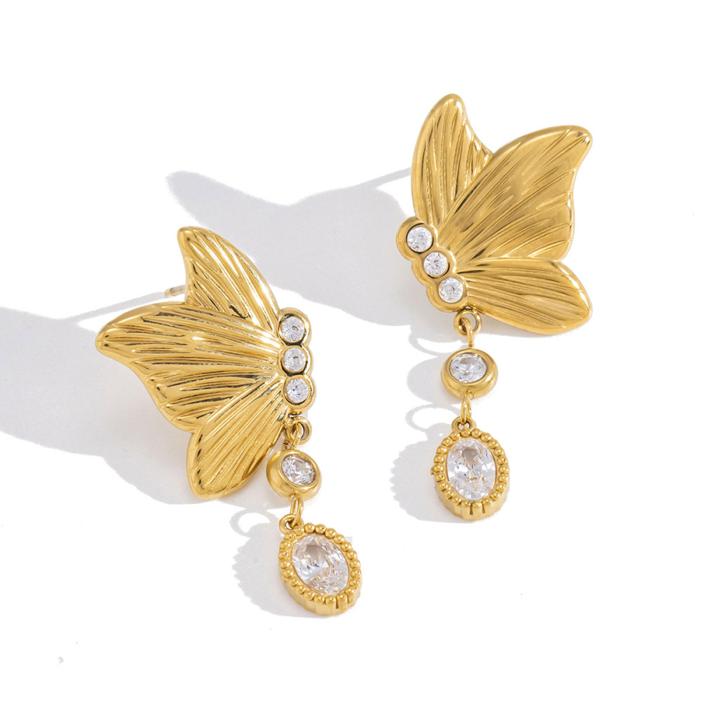 Boucles D'Oreilles Puces Pour Femmes, Motif Papillon Romantique, En Acier Inoxydable, Étanches, Couleur Or Et Zircon. Image5