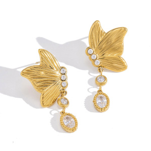 Boucles D'Oreilles Puces Pour Femmes, Motif Papillon Romantique, En Acier Inoxydable, Étanches, Couleur Or Et Zircon. h5 Image5