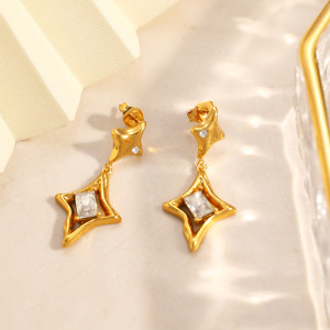 Boucles D'Oreilles Pendantes Pour Femme, En Acier Inoxydable Imperméable, Couleur Or, Avec Zircon, Motif Étoile Simple h5 Image3