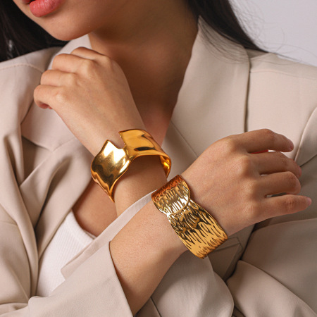 Bracelet jonc minimaliste simple en acier inoxydable, forme elliptique, couleur or, pour femme