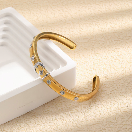 Bracelet manchette Simple Moon en acier inoxydable, étanche, couleur or, avec zircon pour femme