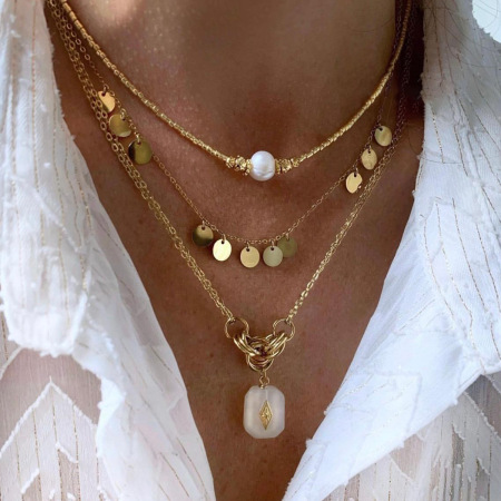 Colliers pendentifs pour femmes en acier inoxydable, forme irrégulière rétro, couleur or, avec perle et cristal