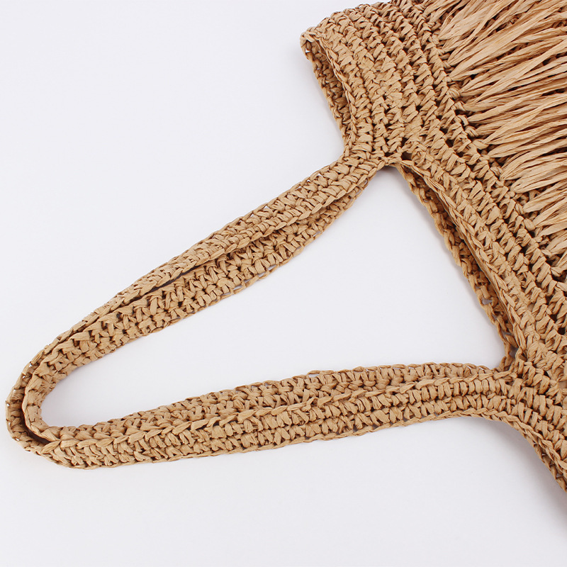 Sac Fourre-Tout Femme En Papier Tissé Uni À Pompons Style Vacances Image3