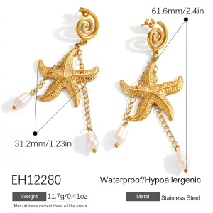 Boucles D'Oreilles Pendantes Rétro En Forme D'Étoile De Mer, En Acier Inoxydable, Couleur Or, Imperméables, Avec Perles. h5