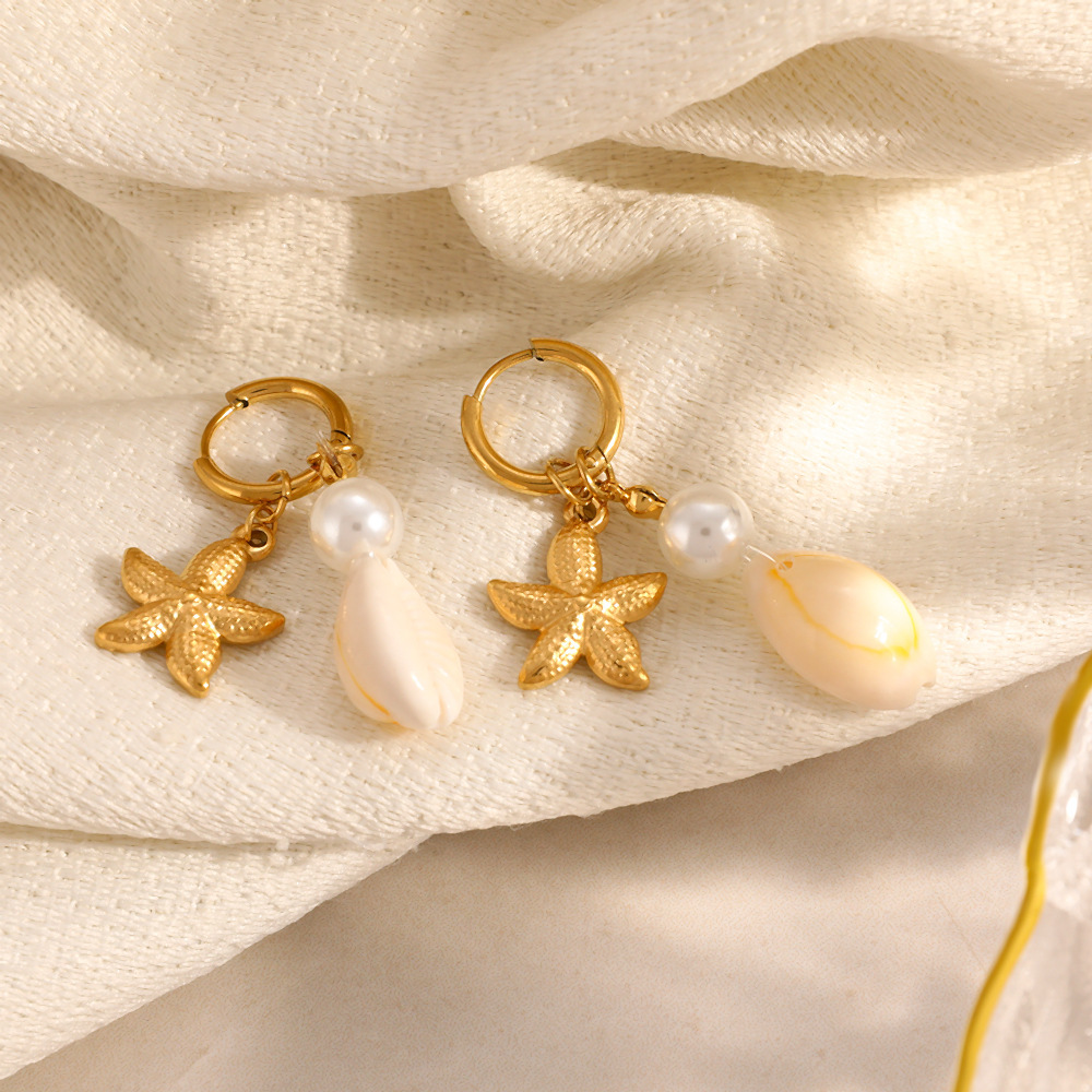 Boucles D'Oreilles Pendantes Pour Femme En Acier Inoxydable, Couleur Or, En Forme D'Étoile De Mer, Étanches. Image3