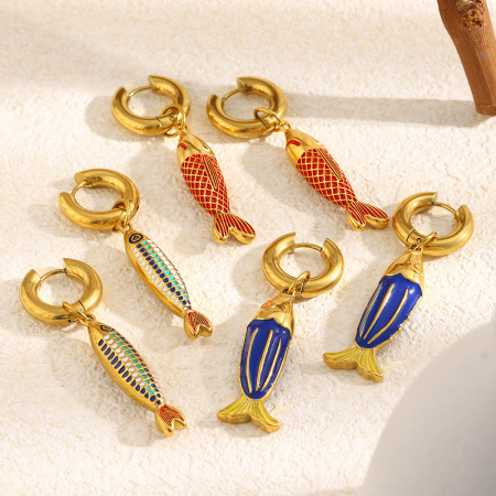 Boucles d'oreilles pendantes pour femme, en acier inoxydable, couleur or, en forme de poisson, étanches.