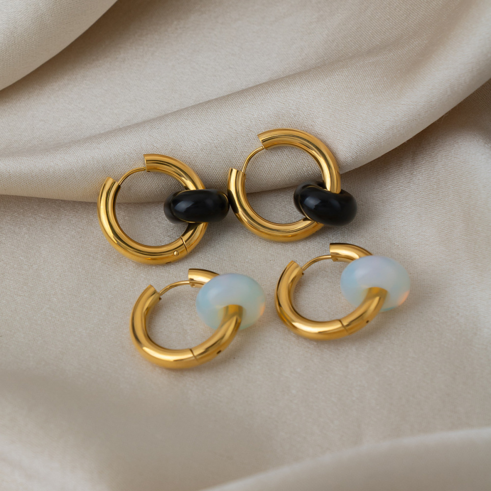 Boucles D'Oreilles Pendantes Rétro Rondes En Acier Inoxydable, Étanches, Couleur Or, Avec Pierre Naturelle Image2