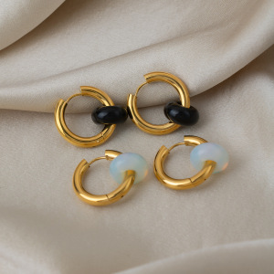 Boucles D'Oreilles Pendantes Rétro Rondes En Acier Inoxydable, Étanches, Couleur Or, Avec Pierre Naturelle h5 Image2
