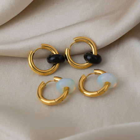 Boucles d'oreilles pendantes rétro rondes en acier inoxydable, étanches, couleur or, avec pierre naturelle 2