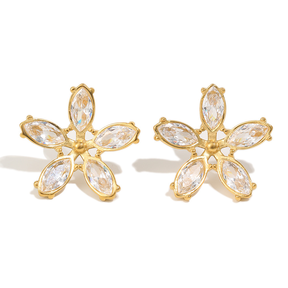 Boucles D'Oreilles Puces Pour Femmes Sweet Flower En Acier Inoxydable Étanche Couleur Or Et Zircon