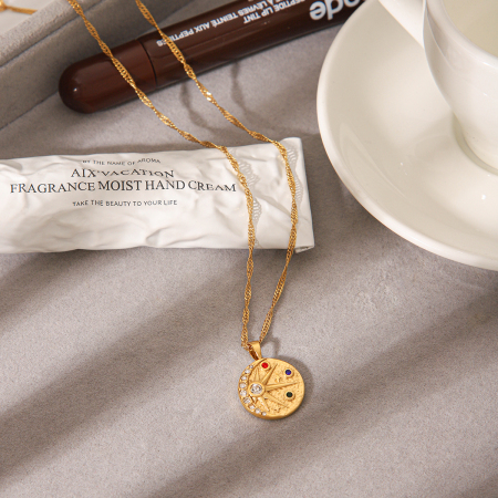 Colliers pendentifs rétro Daily Circle pour femmes, en acier inoxydable, couleur or, avec zircon, étanches 2