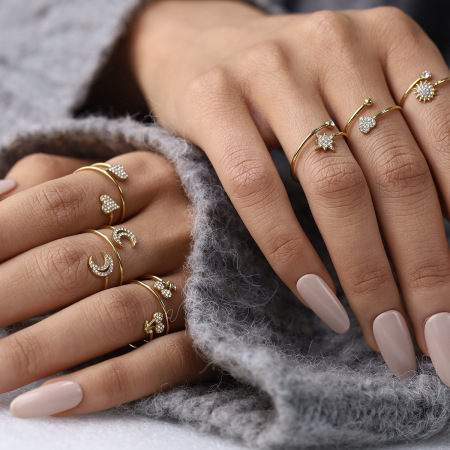 Bagues Pour Femmes En Acier Inoxydable Étanche, Couleur Or, En Forme De Soleil, D'Étoile Et De Lune, Ornées De Strass Et De Pierres Précieuses.