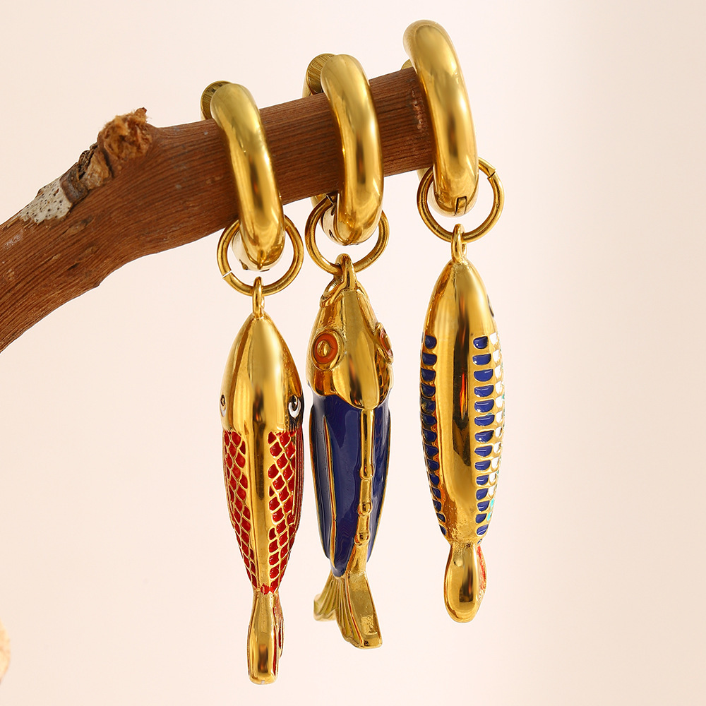 Boucles D'Oreilles Pendantes Pour Femme, En Acier Inoxydable, Couleur Or, En Forme De Poisson, Étanches. Image3