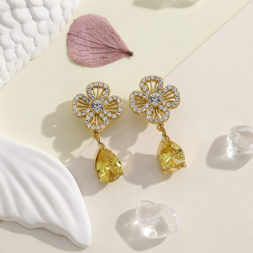 Boucles D'Oreilles Pendantes Élégantes Pour Femmes, En Acier Inoxydable, Étanches, Couleur Or, Ornées De Fleurs Et De Cristaux. Image2