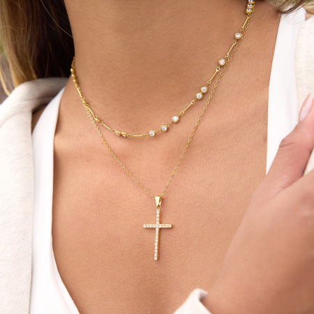 Colliers pendentifs pour femmes en acier inoxydable en forme de croix, étanches, couleur or et zircon