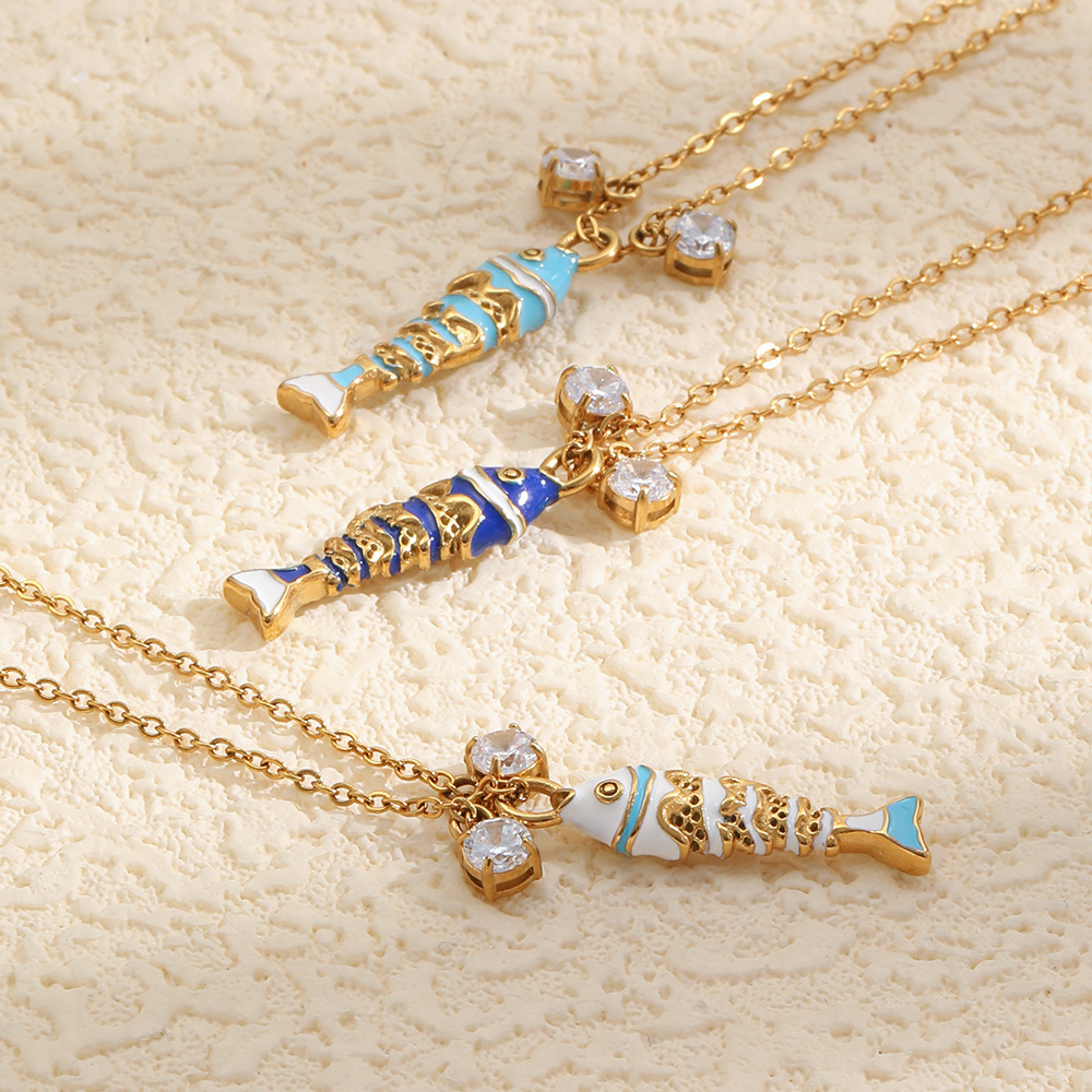 Colliers Pendentifs Pour Femmes En Acier Inoxydable, Ornés De Zircon Et De Jolis Poissons En Émail. Image3