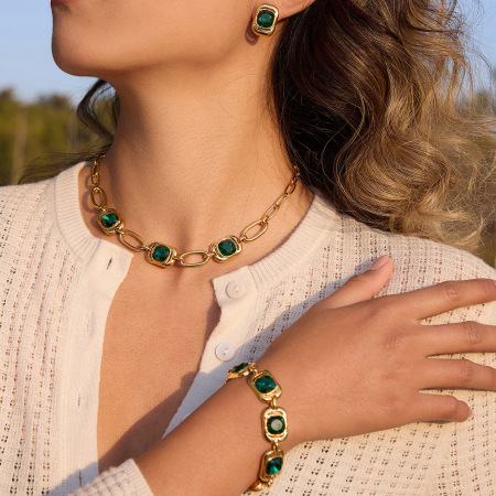 Ensembles de colliers pour femmes, simples, rectangulaires, en verre, acier inoxydable, étanches, couleur or