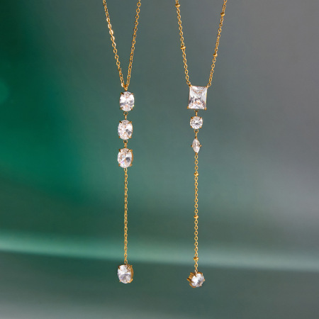 Colliers pendentifs élégants pour femmes, en acier inoxydable étanche, de forme rectangulaire et elliptique, couleur or, avec zircon.
