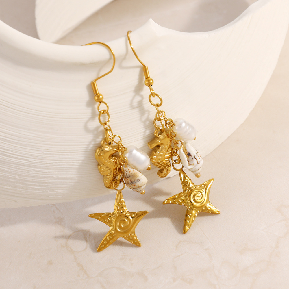 Boucles D'Oreilles Pendantes Pour Femme En Forme D'Étoile De Mer, En Acier Inoxydable Étanche, Couleur Or, Motif Coquillage. Image3